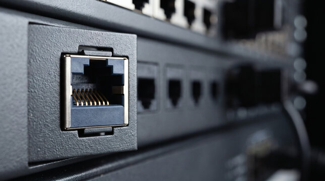 Detailed view of a network switch ethernet port