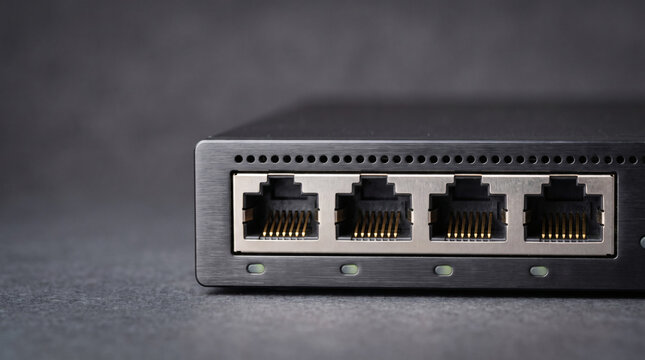 Network switch with four ethernet ports on grey background