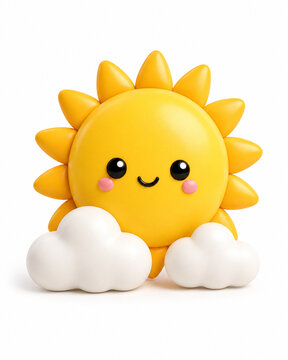 Cute 3D smiling sun with fluffy clouds isolated on white background 