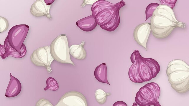 Falling Garlic Bulbs and Cloves Animation on Pink Background