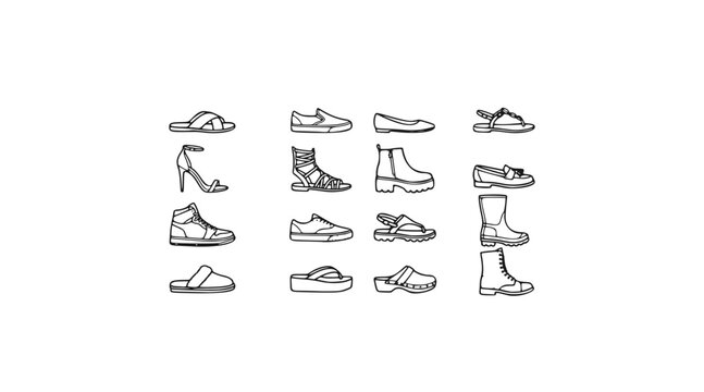 Shoes and footwear linear icons set isolated on white background. Black line vector symbols of women's shoes, sneakers, boots, sandals, and flats.
