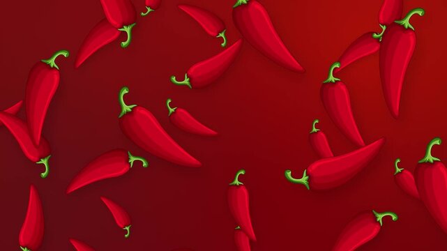 Red Chili Peppers Falling Over a Vibrant Red Mesh Background