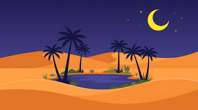 Serene desert oasis under a twilight crescent moon with palm trees and calm water