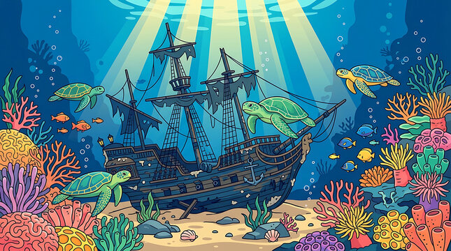 Sunken Pirate Ship and Turtles in a Vibrant Underwater Ocean Scene