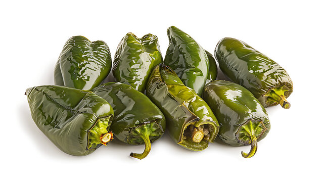 Roasted poblano peppers isolated on white background with copy space for Mexican recipe books and supermarket flyers