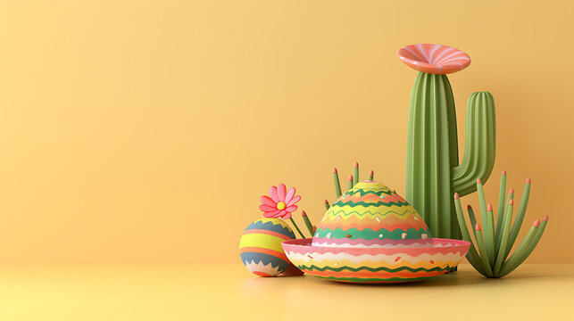 3D pastel Mexican sombrero and cactus with massive left copy space for summer travel agency banners and event popups