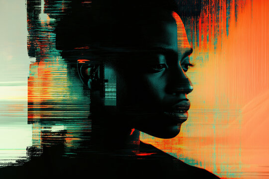 abstract screen art, vhs glitch art of the silhouette face of an african, illustration