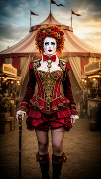payaso steampunk, payasa steampunk, mujer steampunk, personaje steampunk, circo steampunk, circo victoriano, artista de circo, artista femenina, payaso femenino, personaje de circo, mujer victoriana, 