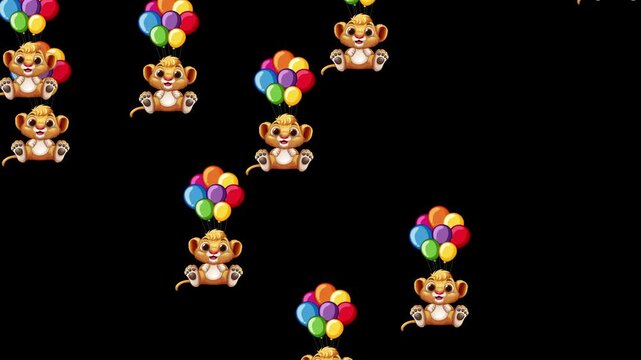Cartoon Tiger Cubs Falling with Colorful Balloons on Black Background