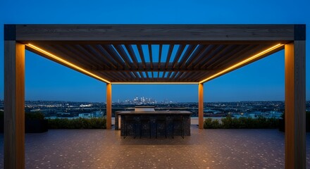 Fototapeta premium Modern rooftop pergola with integrated lighting overlooking a city skyline at dusk.