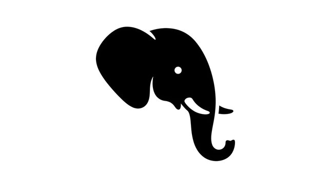 Minimalist black vector silhouette of an elephant head profile featuring large ears and a curved trunk, isolated on white background