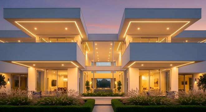 Modern luxury villa exterior with warm lighting at sunset in a contemporary architectural style.
