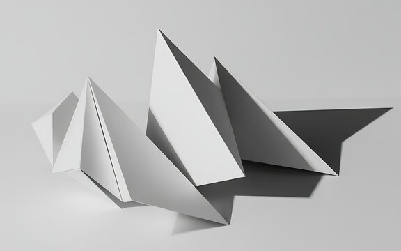 A linear arrangement of folded white paper forms creating a series of sharp triangular peaks and valleys with subtle light and shadow play on a neutral background