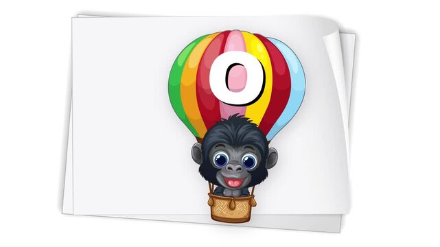 Cartoon Gorilla in Hot Air Balloon Floating Across White Background