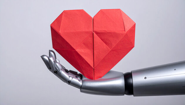 Robotic Hand Offering Origami Heart: A futuristic robotic hand gently cradles a vibrant red origami heart, symbolizing artificial intelligence's capacity for care and connection.