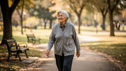 Obraz premium Elderly woman with white hair walking in a sunlit park during autumn, ideal for senior living advertisements, healthcare promotions and lifestyle blogs