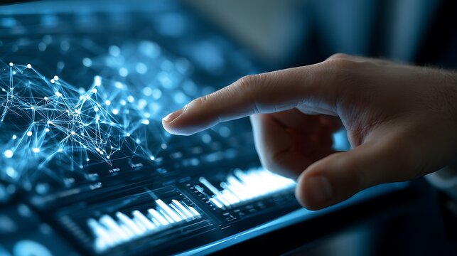 hand touching screen with glowing network connections and data visualization