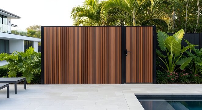Modern wooden privacy fence with integrated gate in a luxury backyard pool area.