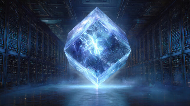 Cube of shimmering energy floats in a dark industrial corridor filled with glowing blue particles.