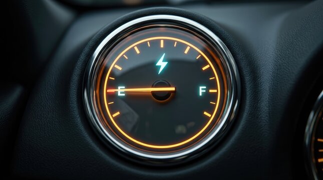 Electric vehicle battery gauge showing low power levels with bright neon orange lighting and dashboard details
