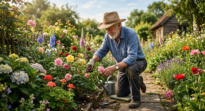 Senior man with beard wearing a hat gardening in a beautiful rose garden.