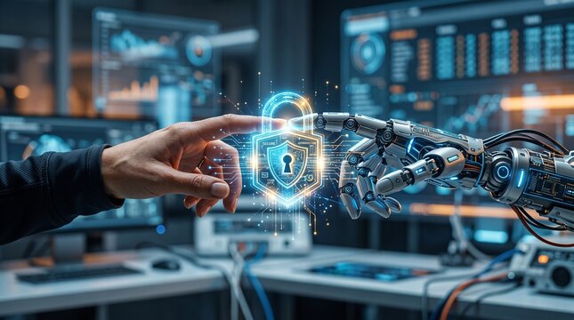 Futuristic cybersecurity laboratory featuring a human hand and robotic arm interacting with a glowing digital shield, surrounded by advanced computers, holographic displays, and secure network technol