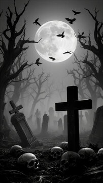 cementerio, cementerio antiguo, cementerio g&oacute;tico, luna llena, luna, noche, cuervos, cuervo negro, aves volando, aves nocturnas, tumbas, l&aacute;pidas, cruces, cruz cristiana, calaveras, cr&aacute;neos humanos, hu