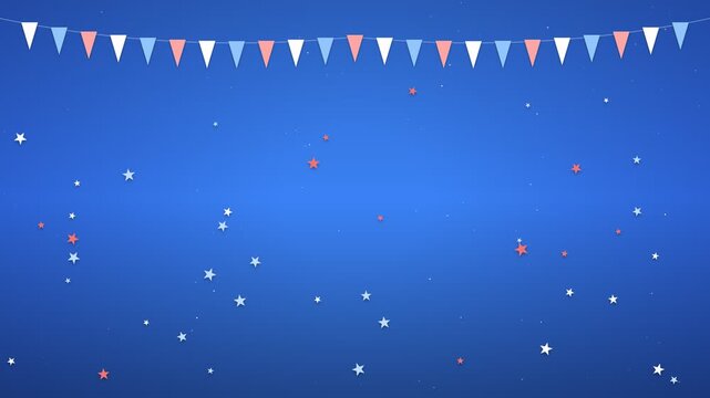 Festive bunting flags and falling stars animation on a blue background