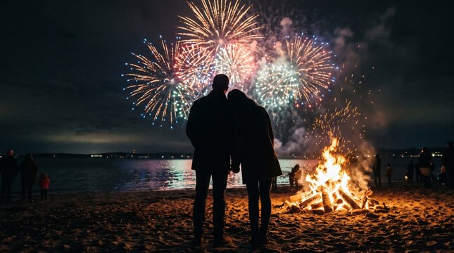 Couple watches fireworks display over water from beach with bonfire