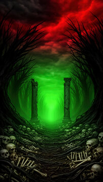 bosque oscuro, bosque siniestro, &aacute;rboles muertos, &aacute;rboles retorcidos, calaveras, cr&aacute;neos, huesos, esqueletos, restos humanos, muerte, cementerio, paisaje macabro, fantas&iacute;a oscura, terror, horror, infr