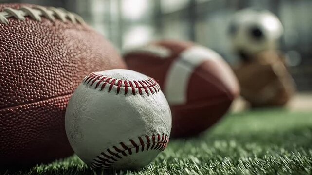 Group of various sports balls on green grass field.