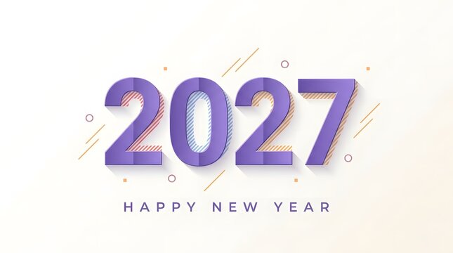 Clean and minimalistic Happy New Year 2027 banner with 3D soft purple numbers on a light off-white background with golden subtle glitter. Elegant design for modern corporate or personal greetings.