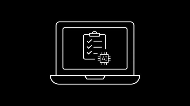 AI Task Manager Outline Icon Animation On Laptop Screen, Modern Line Symbol, Seamless Loop, 4K Stock Video
