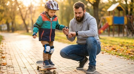 Obraz premium Father teaching young son to ride skateboard outdoors