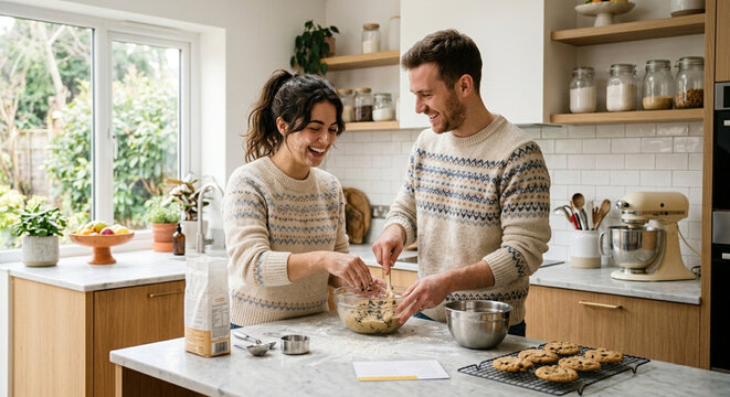 Happy young couple wearing matching sweaters baking cookies together in a modern bright kitchen.