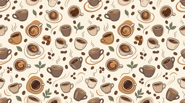 Seamless Pattern with Coffee Cups, Roasted Beans, and Leaves on a Beige Background for Cafe Menu and Wallpaper