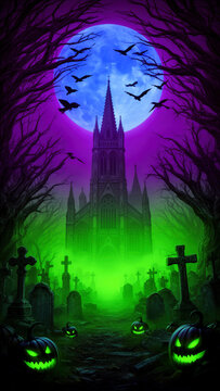 Halloween, cementerio, iglesia g&oacute;tica, catedral g&oacute;tica, castillo g&oacute;tico, noche de Halloween, luna llena, luna, murci&eacute;lagos, calabazas, calabazas de Halloween, fantasmas, esp&iacute;ritus, tumbas, l&aacute;pidas, ce