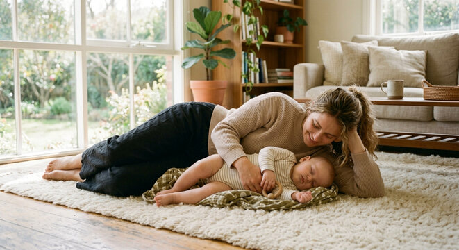 A loving mother resting on the floor with her sleeping baby in a sunlit living room.