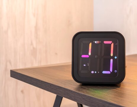 Square black LED digital clock on desk.