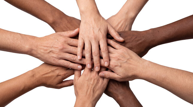 Diverse hands stacked in unity circle, multicultural group of people joining hands for teamwork, community support concept on white background