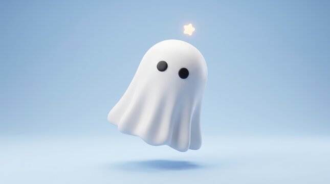 Cute white cartoon ghost floating with a small glowing star on a light blue background