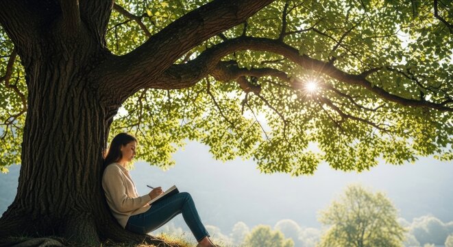 woman sitting under tree reading book
