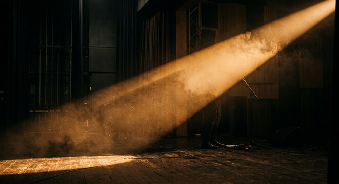 Dramatic spotlight beam cutting through dark hazy air on an empty theater stage.