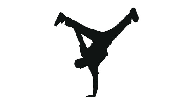 Dynamic black silhouette of a breakdancer performing an inverted freeze pose on one hand against a white background.