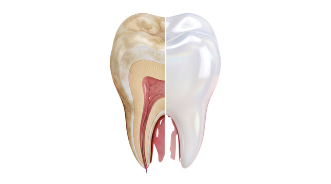 Dental tooth anatomy cross section, human molar with plaque and whitening comparison, medical illustration of healthy and decayed teeth