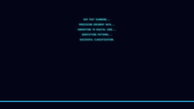 Digital data processing interface with ocr text scanning and successful classification animation 4k