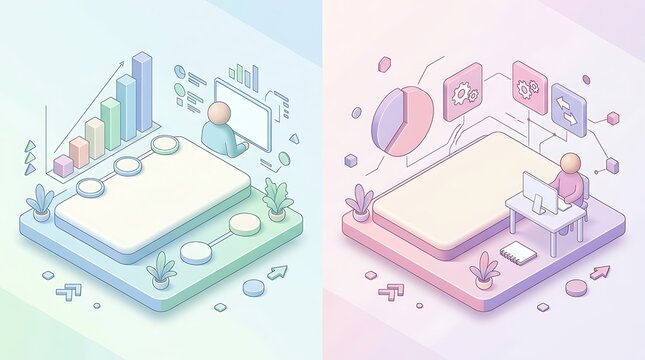 Business data analysis and office management isometric illustrations