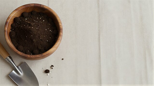 Wooden bowl with soil and trowel on linen cloth, gardening setup.