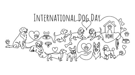 Fototapeta premium International Dog Day illustration: various dog breeds, paw prints, bones, heart, house