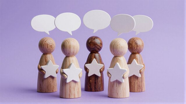 Wooden figures hold stars, each with a speech bubble above their head.
